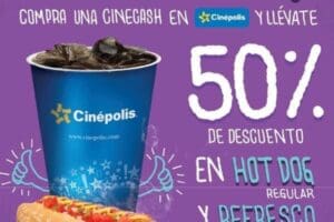 Cinepolis: 50% de descuento en refresco y hot dog comprando Cinecash