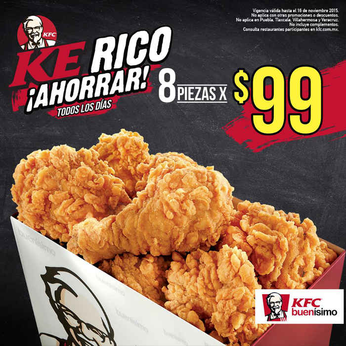 Promoción KFC: 8 piezas de pollo a $99 ahora todos los días