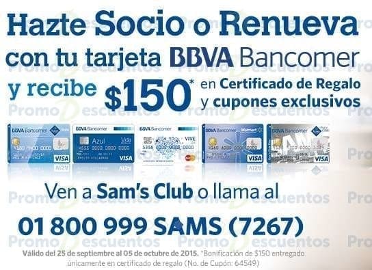 Sam’s Club: $150 en Certificado de REGALO pagando membresía con BBVA Bancomer