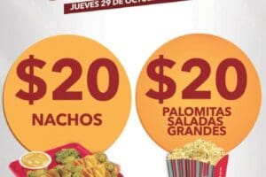Cinemex: Promoción nachos y palomitas a $20 jueves 29 de octubre