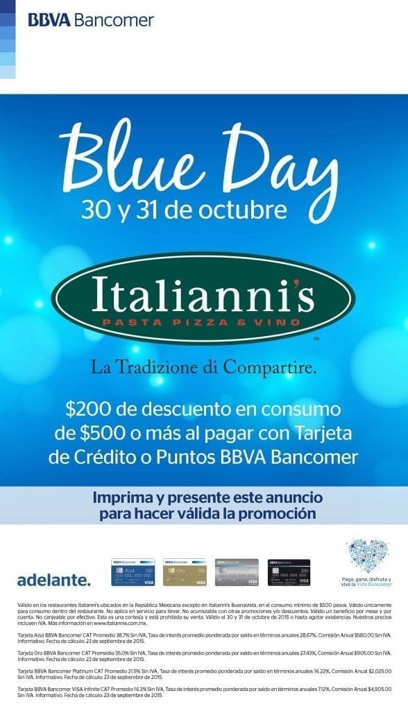 Italianni´s: Blue Day $200 por cada $500 con Bancomer 30 y 31 de Octubre