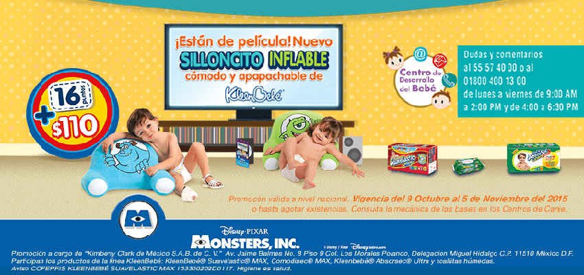 Promoción Puntos KleenBebé Huggies Silloncitos Inflables Monsters Inc