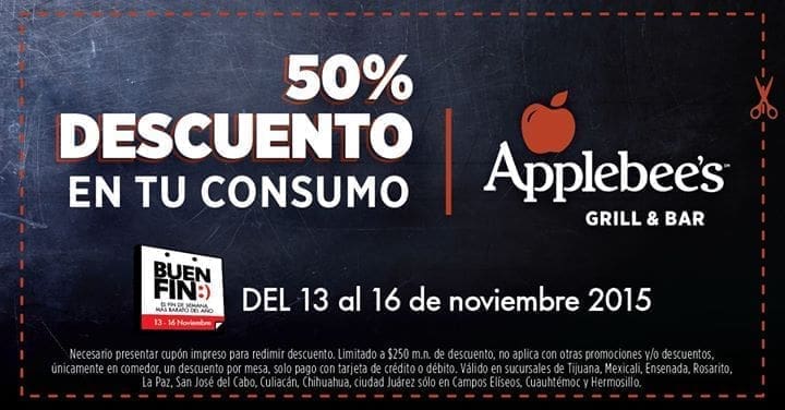 El Buen Fin 2015 Applebee’s: Cupón 50% de descuento en total de tu consumo