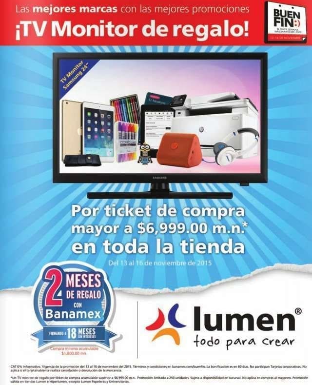Promociones del Buen Fin 2015 en Lumen: monitor Samsung 24″ gratis compras $7,000