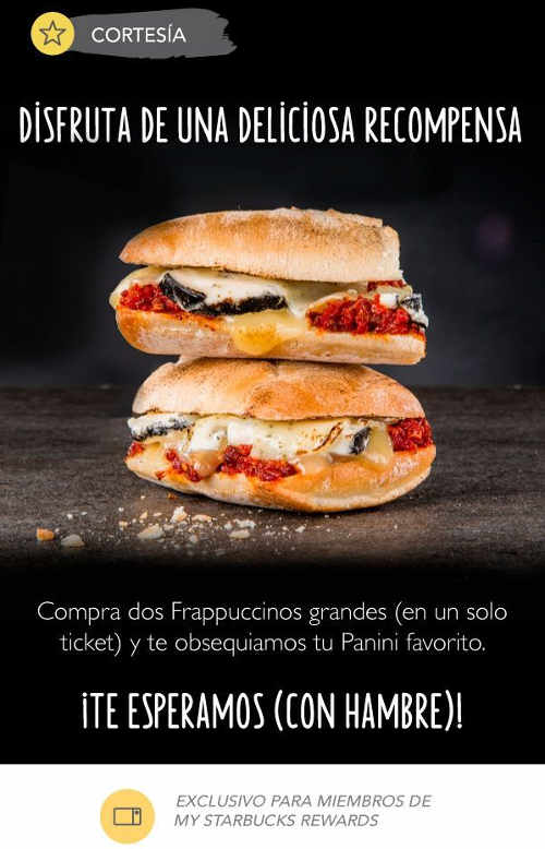 Starbucks: gratis panini en la compra de 2 frapuccinos