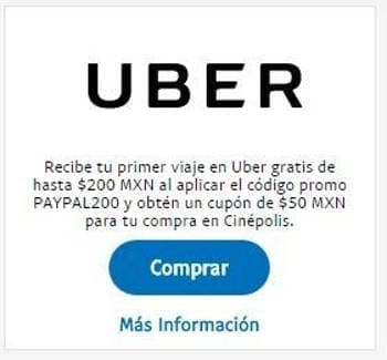 Uber: primer viaje gratis de $200 con Paypal + cupon de $50 para Cinépolis
