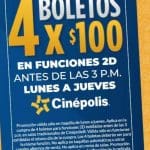 Promoción Cinèpolis 4 boletos por $100 de lunes a jueves