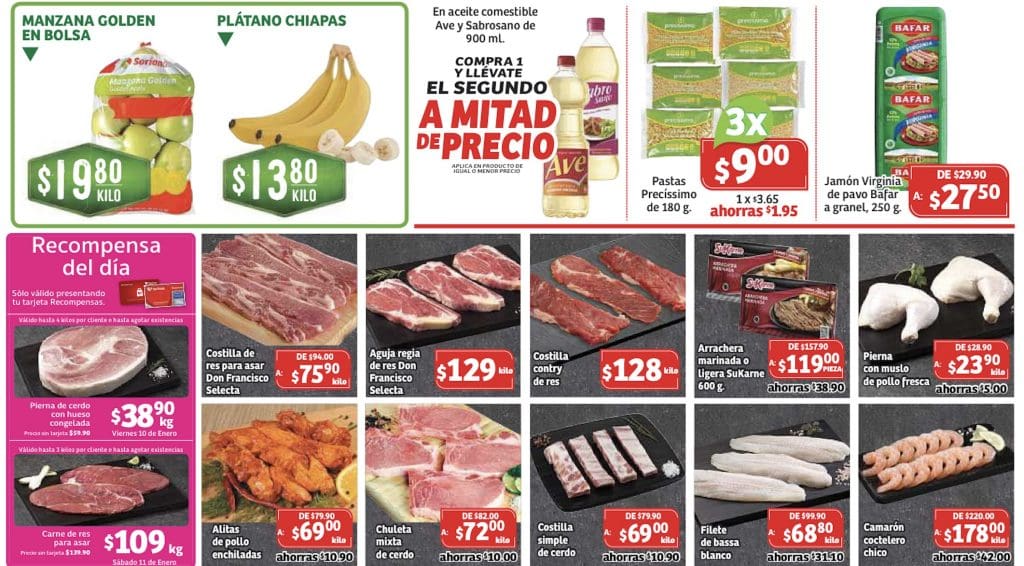 Soriana - Recompensas, carnes frutas y verduras del del 10 al 13 de enero  2020