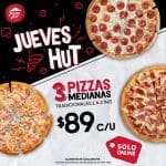 Pizza Hut: 3 Pizzas Medianas 1 o 2 Ingredientes por $267 los Jueves Hut