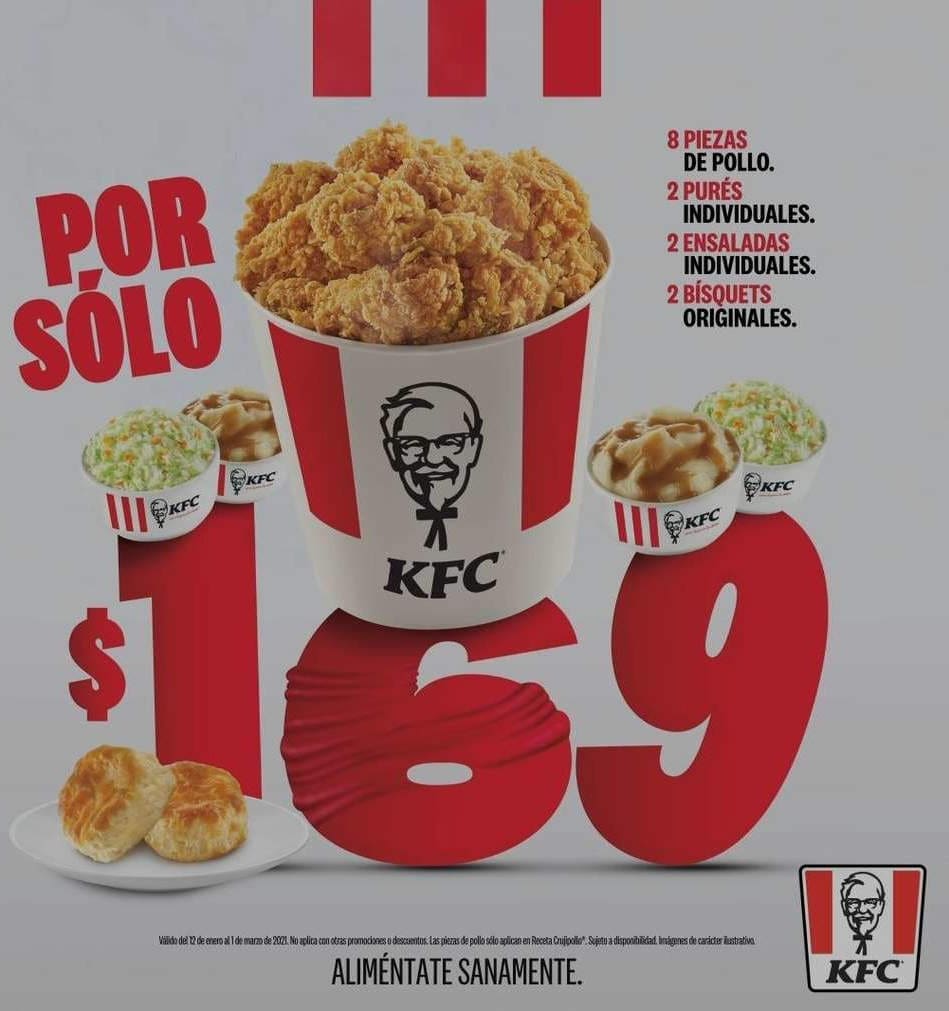 KFC: Paquete 8 piezas de pollo + complementos Wow bucket por $169