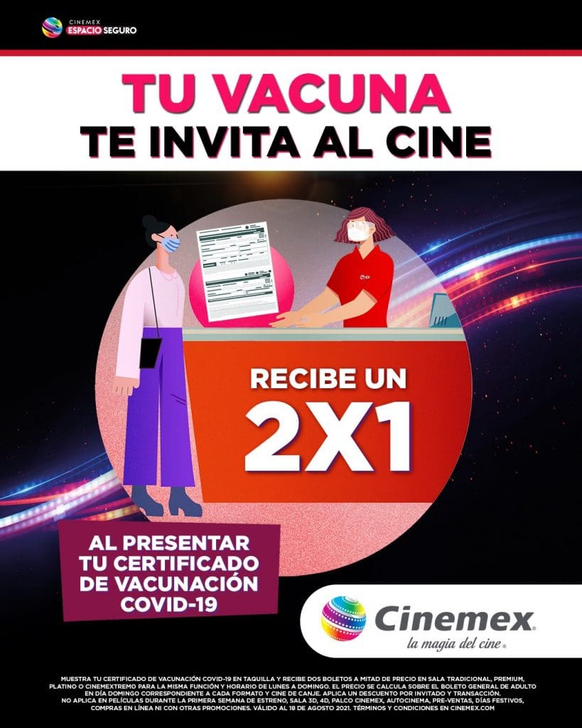 Cinemex: 2×1 en boletos con certificado de Vacunación COVID-19