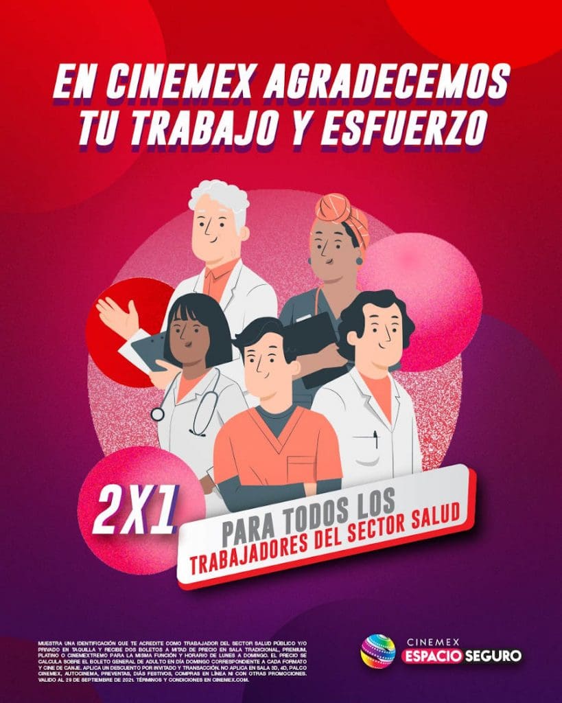 Promoción Cinemex 2x1 para todos los trabajadores del sector Salud