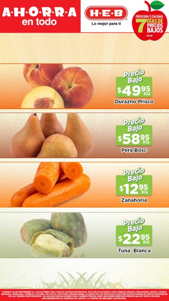 Ofertas HEB frutas y verduras del 28 de septiembre al 4 de octubre 2021 1
