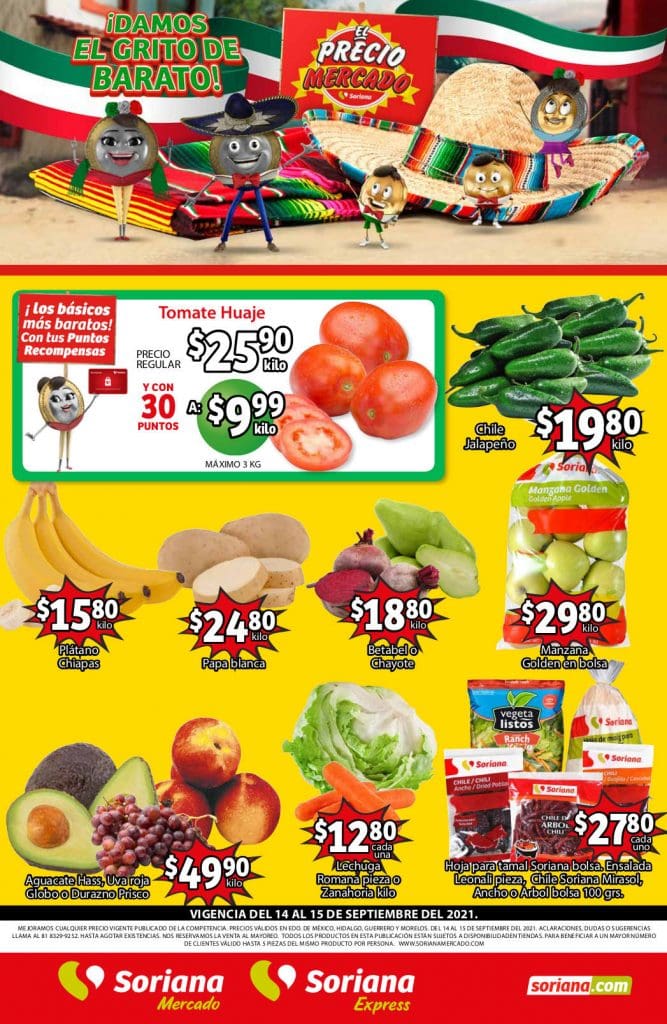 Ofertas Soriana Mercado frutas y verduras 14 al 16 de septiembre 2021