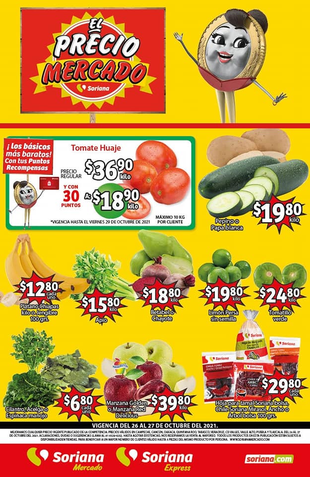 Ofertas Soriana Mercado frutas y verduras 26 y 27 de octubre 2021