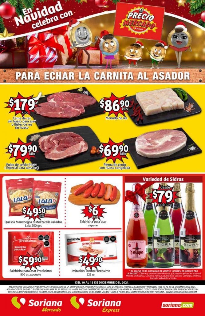 Oferta Soriana Mercado carnes frutas y verduras 10 al 13 de diciembre 2021