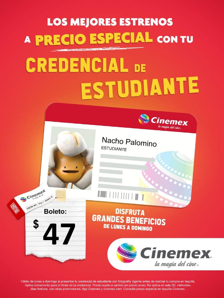 Promoción Cinemex Boletos para estudiantes a precio especial lunes a domingo