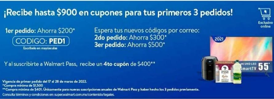 Walmart: $1,000 en cupones de descuento en tus primeros 3 pedidos 1