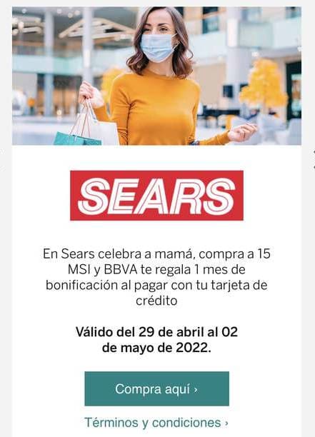 Sears y Sanborns: 1 mes de bonificación al comprar a 15 msi con BBVA 2