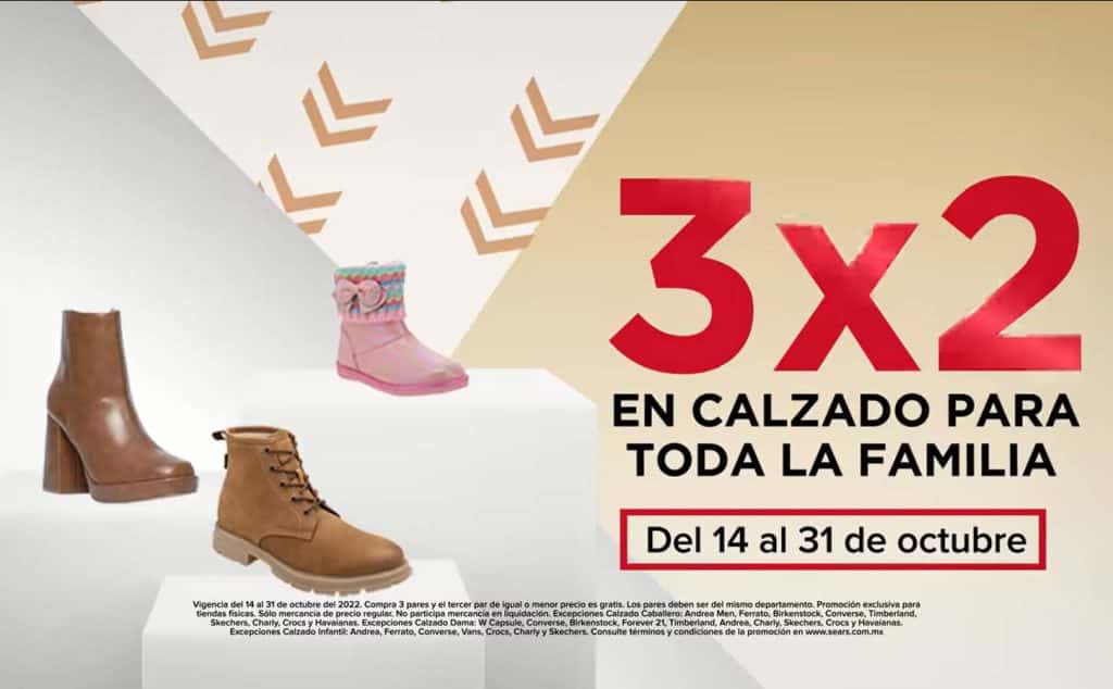 Sears: 3×2 en calzado para toda la familia del 14 al 31 de octubre 2022