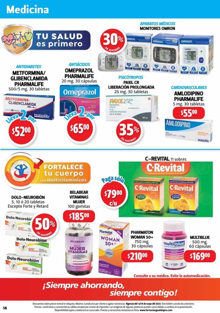 Folleto Farmacias Guadalajara precios bajos al 14 de mayo 2023 14