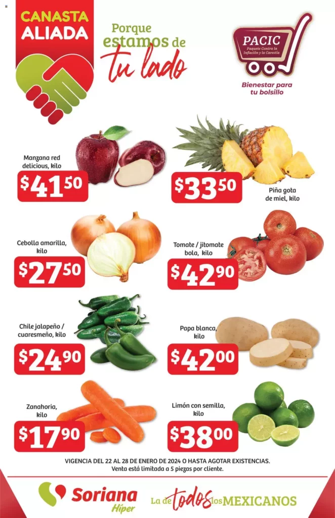 Ofertas Soriana Canasta Aliada frutas y verduras 22 al 28 de enero 2024