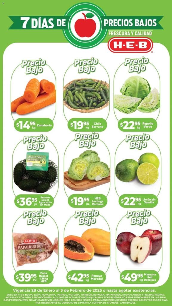 Folleto HEB frutas y verduras del 28 de enero al 3 de febrero 2025